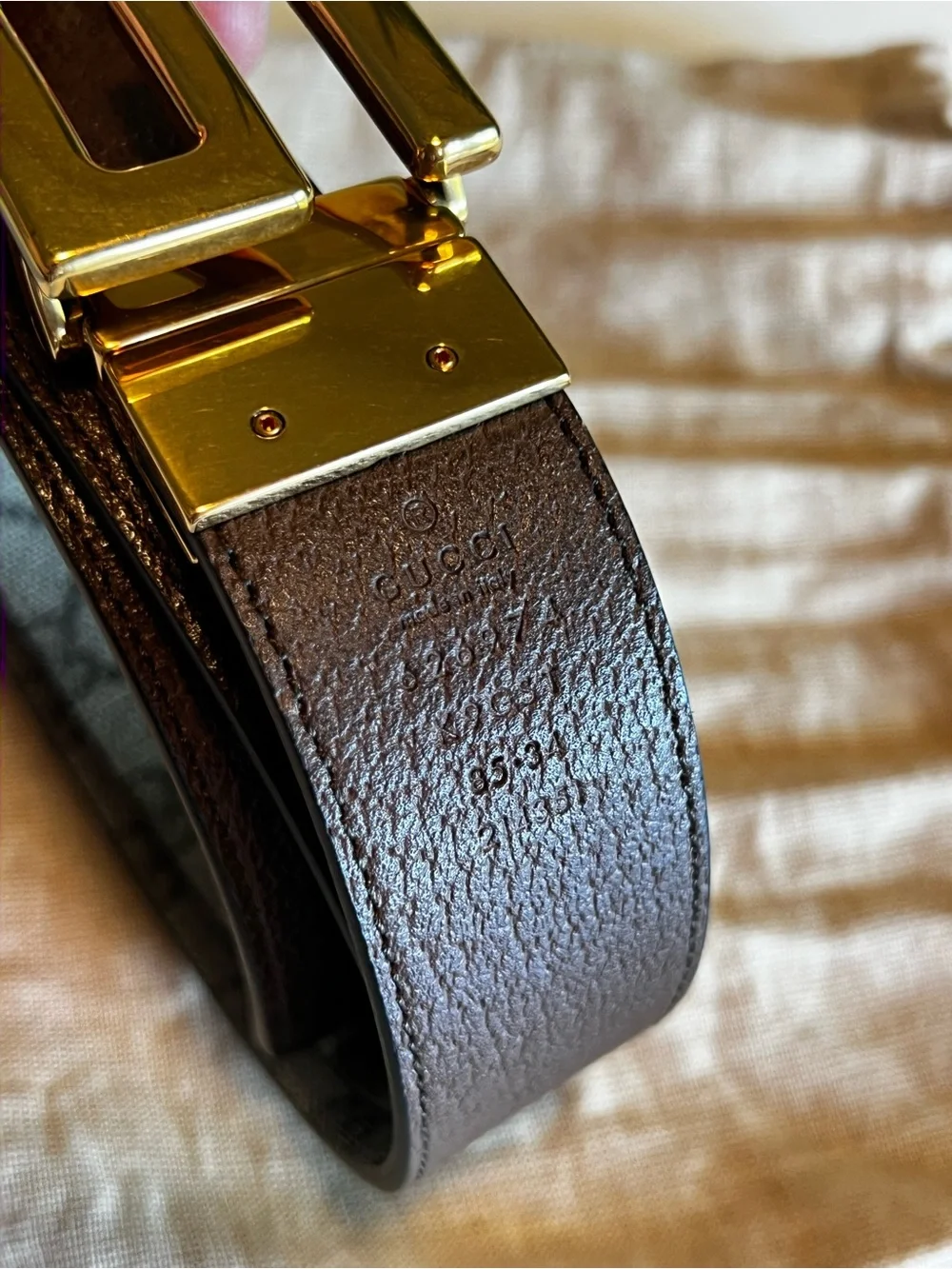 Gucci Reversible Leather Belt - Gold Square G Buckle (Brown and GG Canva)